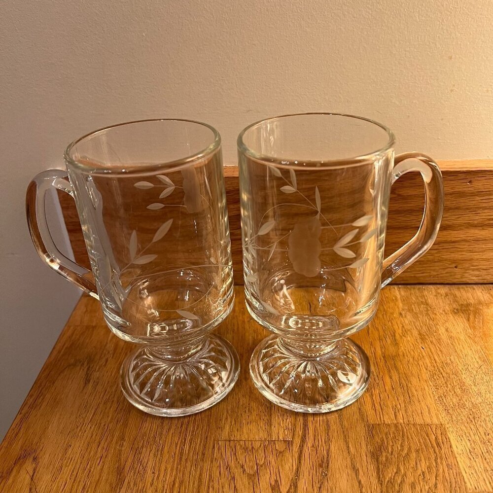 2 Princess House Mugs Etched Crystal Heritage Footed Pedestal Vintage Holiday